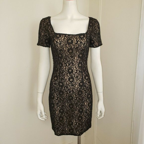 OLEG CASSINI BLACK TIE Size 4 Black & Beige LACE SEQUIN COCKTAIL DRESS - Picture 1 of 11